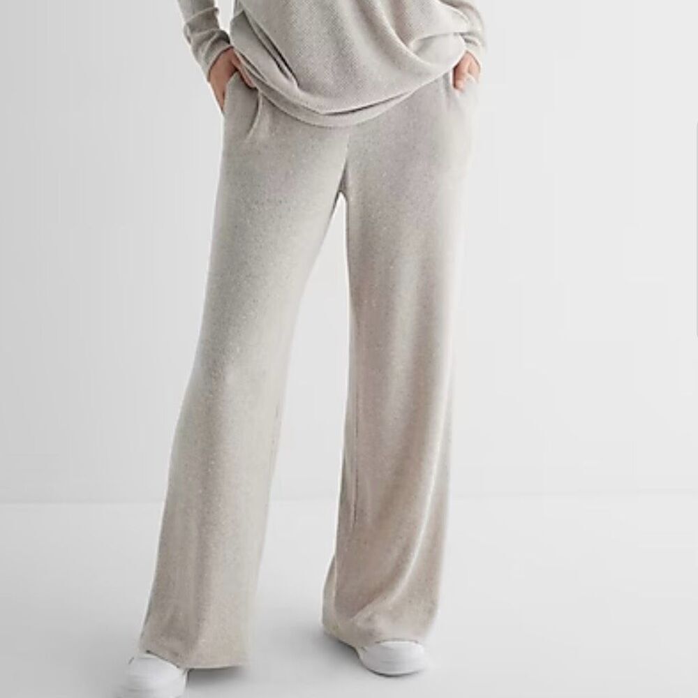 Express High Waisted Ribbed Cozy Knit Pull On Wide Leg Pant Oatmeal Women XL